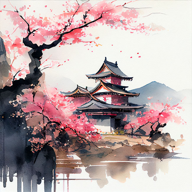 Papel pintado o fotomural ilustración acuarela paisajes templo asiático